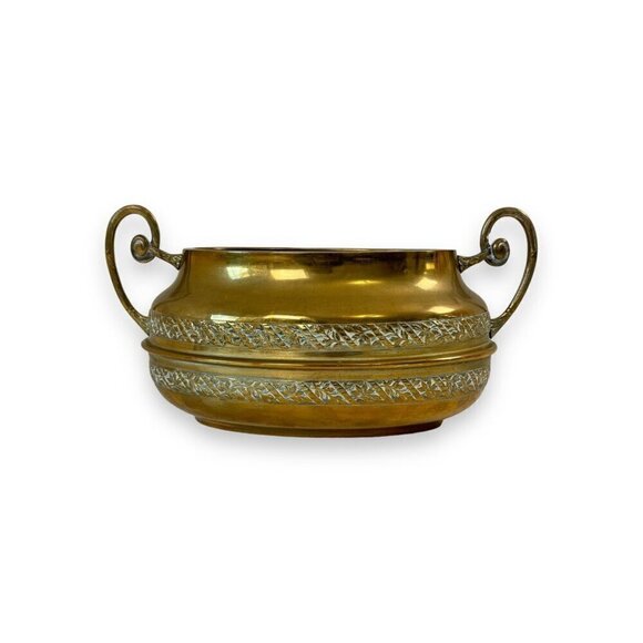 Vintage 80s Hammered Brass Oval Shape Cachepot Planter Size 13" Length - Picture 2 of 16